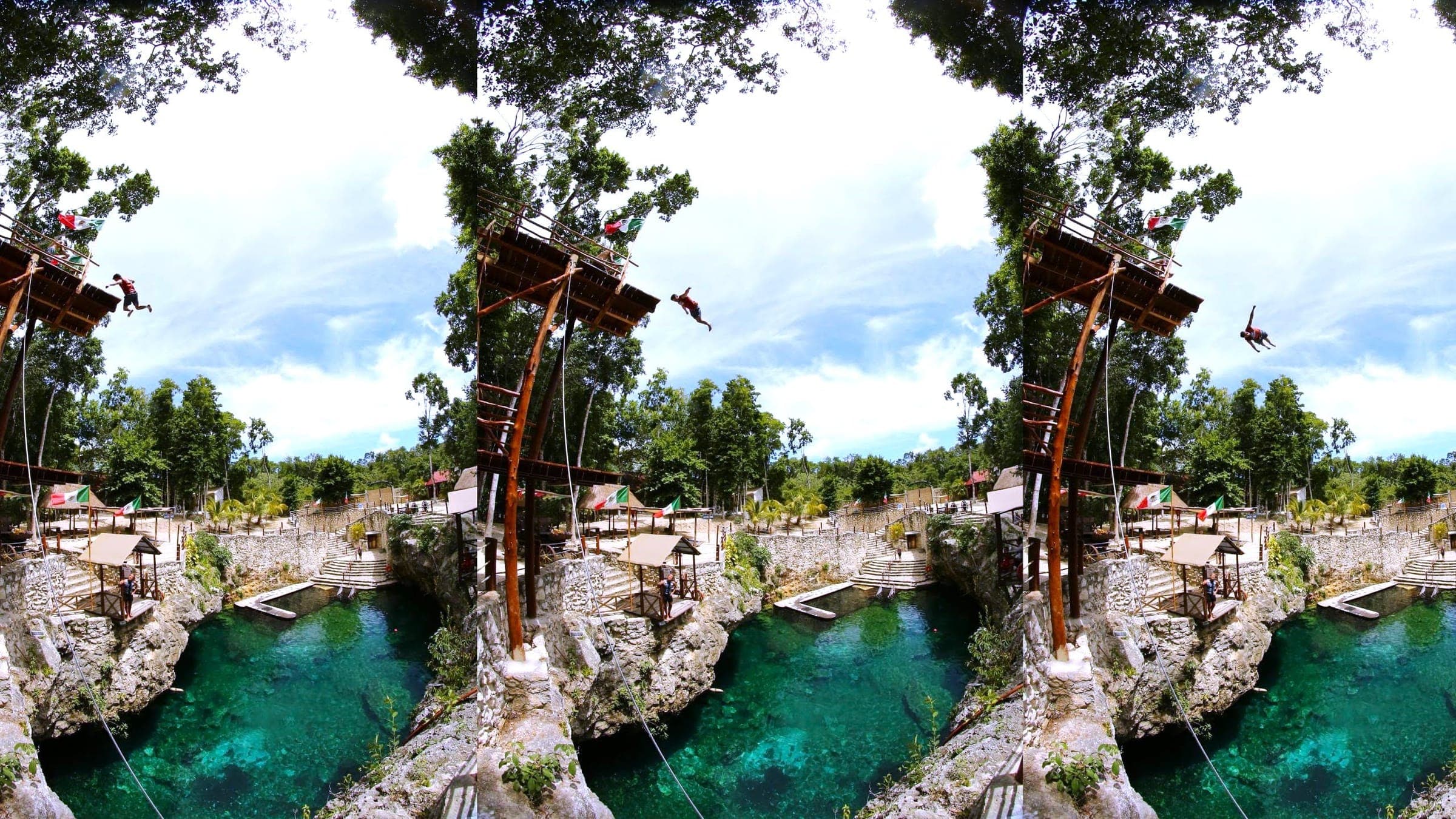 Sequence photo of a jumper dropping from the jumping tower toward the turquoise cenote