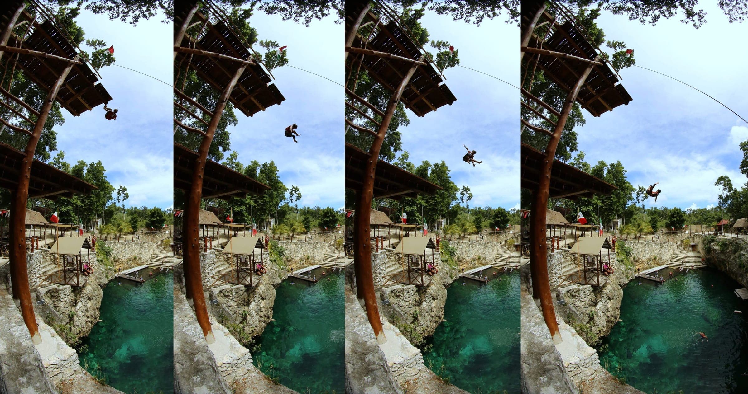 Sequence photo of one jump from the tower, from takeoff to the water